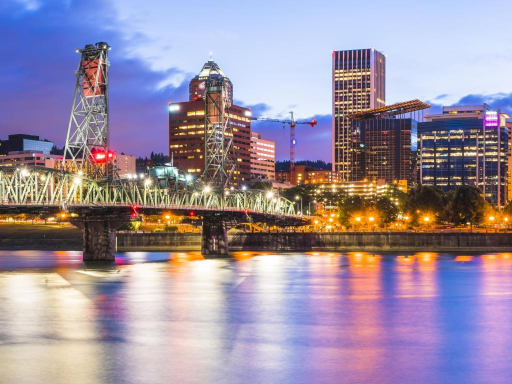 Portland water front cityscape at night with reflection on the water,Oregon,usa.