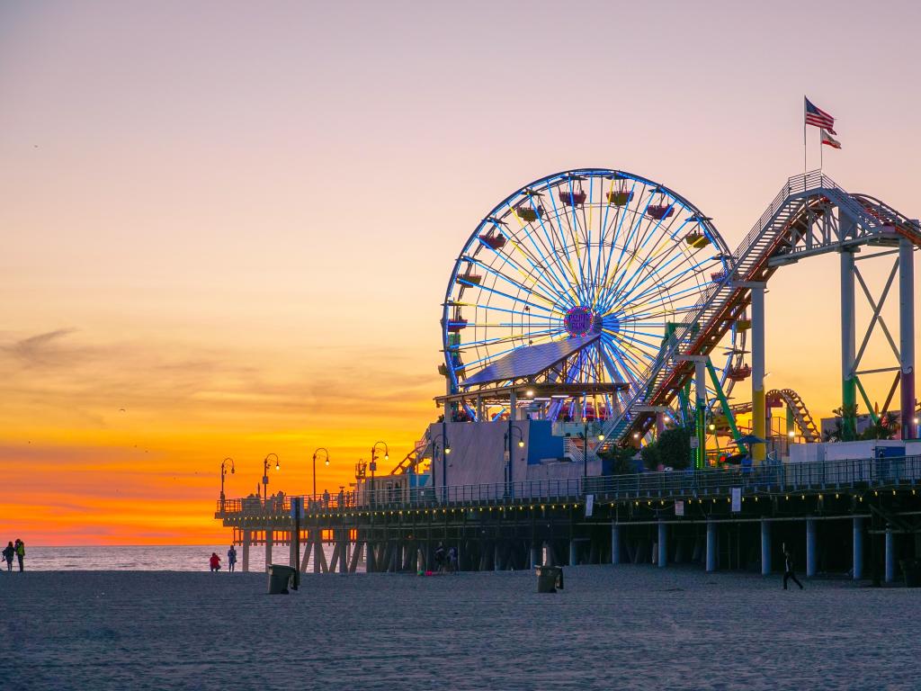 Los Angeles, California, USA with a view of the Santa Monica Pier during sunset time. 