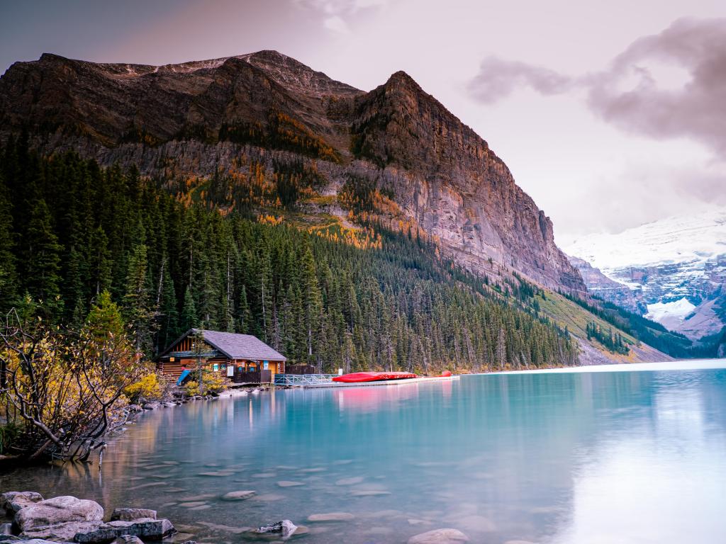 Banff National Park, Canada with a beautiful autumn views of iconic Lake Louise in Banff National Park in the Rocky Mountains of Alberta, Canada.