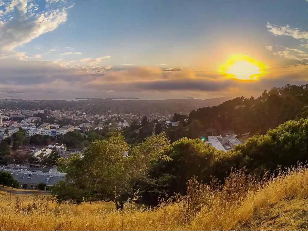 Panoramic view from Grizzly Peak in Berkeley Hills onto Berkley, Oakland and San Francisco