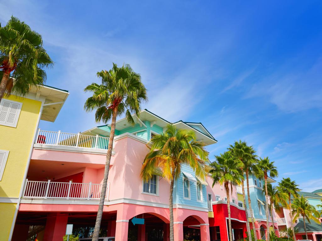 Colorful facades of buildings and palm trees in Fort Myers, Florida, USA