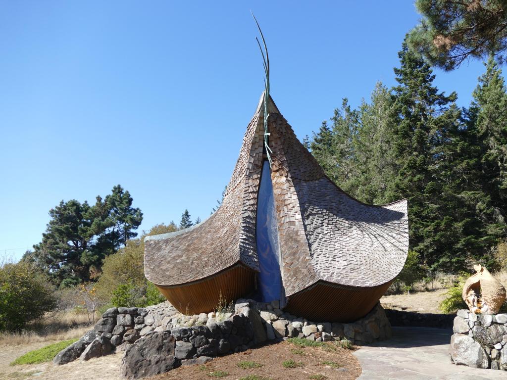 Chapel with unique architectural design, on a sunny day