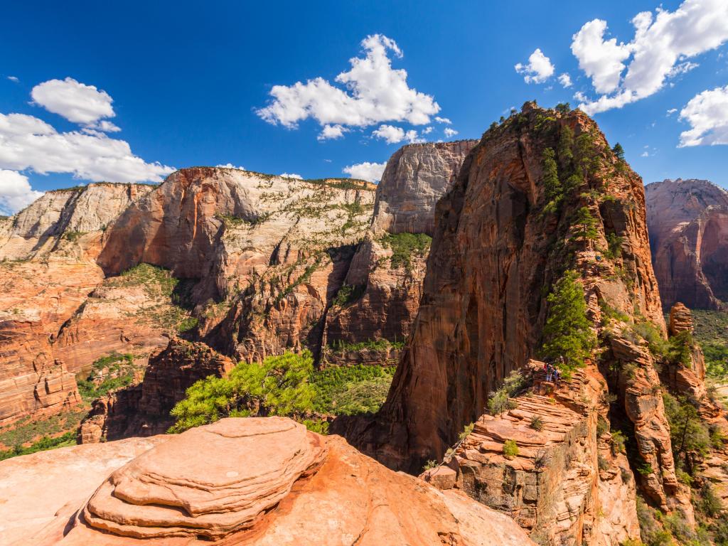 Zion National Park, Utah, USA taken at the dramatic Angel's Landing scenery on a sunny day with red rocks covered in green foliage.