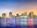 Downtown New Orleans, Louisiana and the Mississippi River at twilight