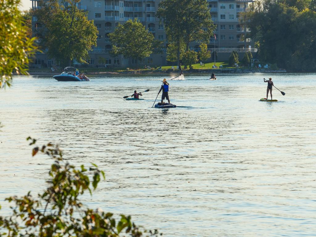 Recreational boating and paddling on Lake Couchiching in Orillia, Ontario