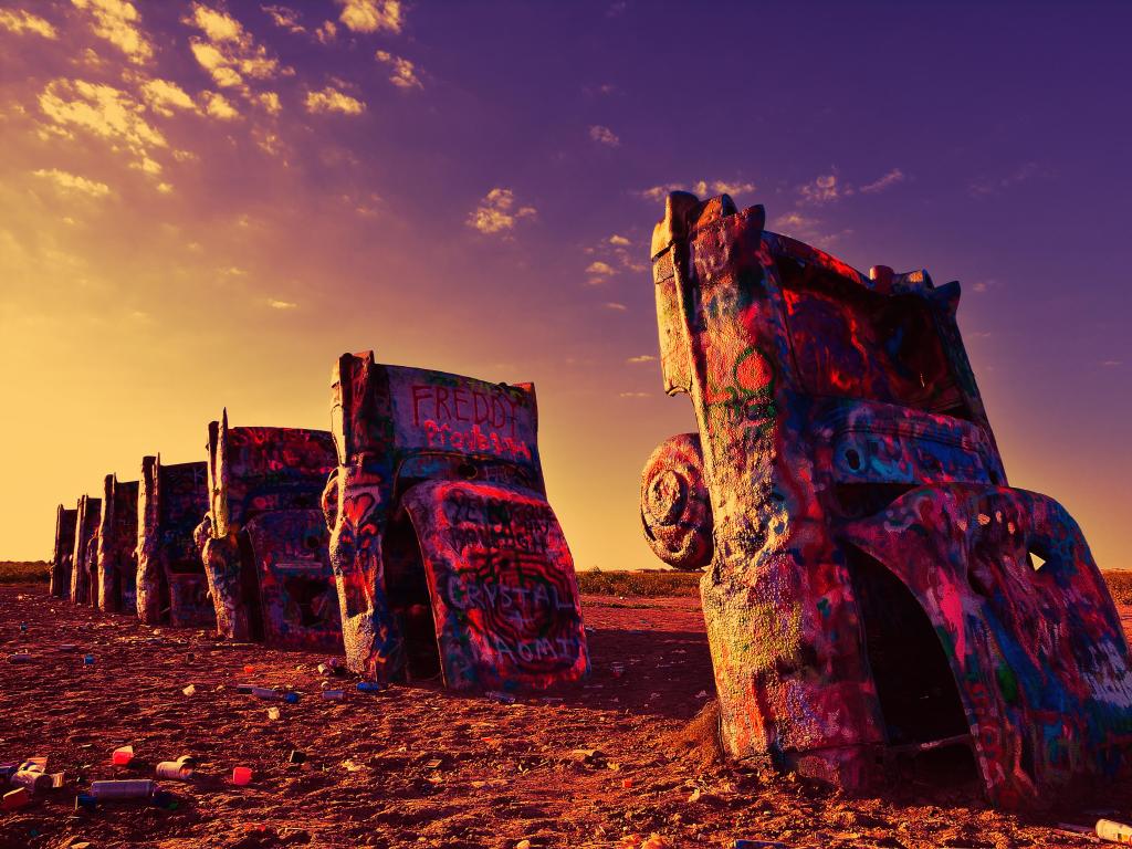 Amarillo, Texas, USA with a view of the Cadillac Ranch in Amarillo, a public art installation of old car wrecks and a popular landmark on historic Route 66
