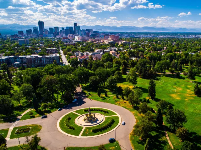 City park green spaces circle pattern monument aerial drone view high above Denver , Colorado