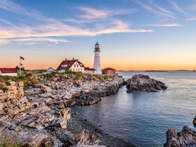 A wonderful morning in Portland, Maine, with the sea and Portland Head Light view at sunrise.