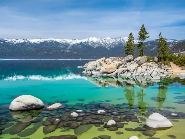 Panoramic view in beautiful sunshine of Harbor Beach, Lake Tahoe