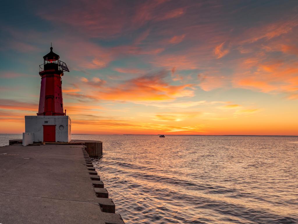 Lighthouse on Green Bay, Wisconsin, USA at sunset.