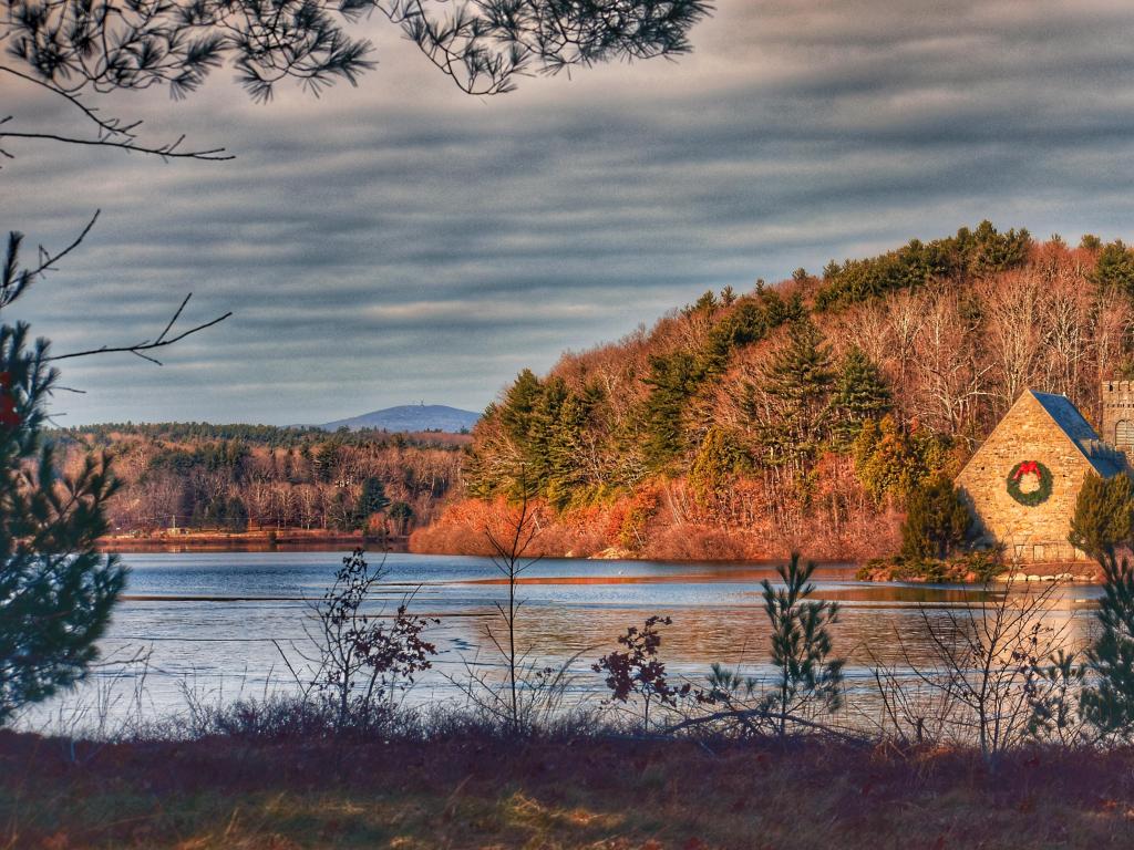 Wachusett Mountain, USA with a beautiful view of Wachusett Reservoir with the Old Stone Church and Wachusett Mountain in the background.