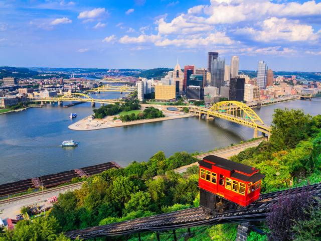The Allegheny and Monongahela Rivers join at the start of the Ohio River in Pittsburgh, Pennsylvania