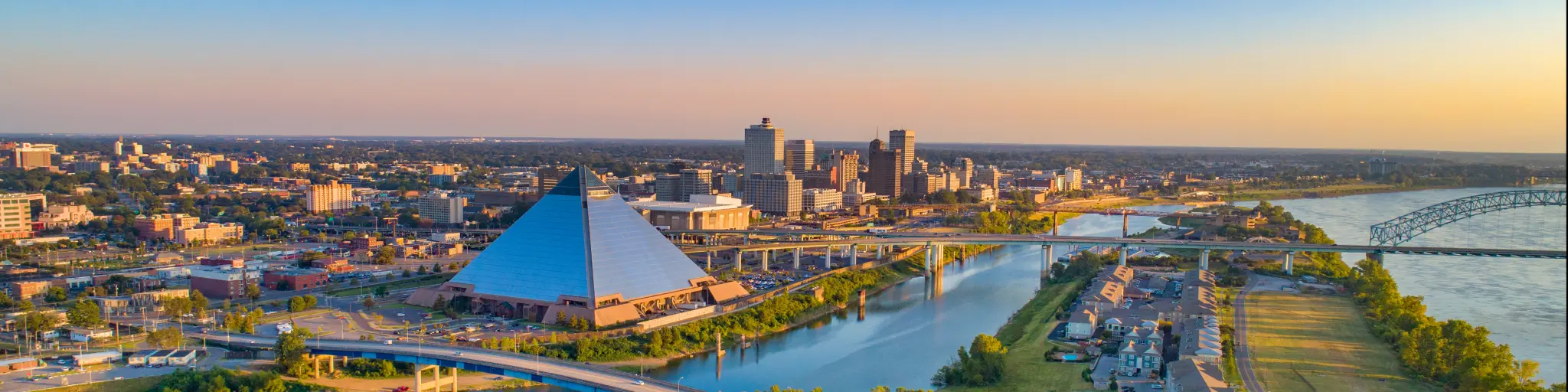 View of the city skyline of Memphis, Tennessee and the Mississippi river on a beautiful morning