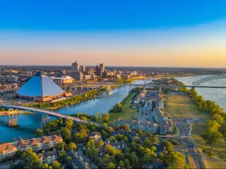 View of the city skyline of Memphis, Tennessee and the Mississippi river on a beautiful morning