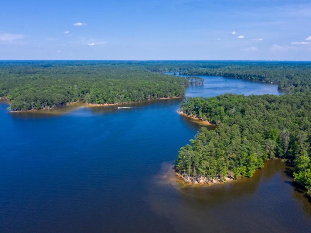 Jordan Lake seen from above, with deep blue water and jagged forested shoreline