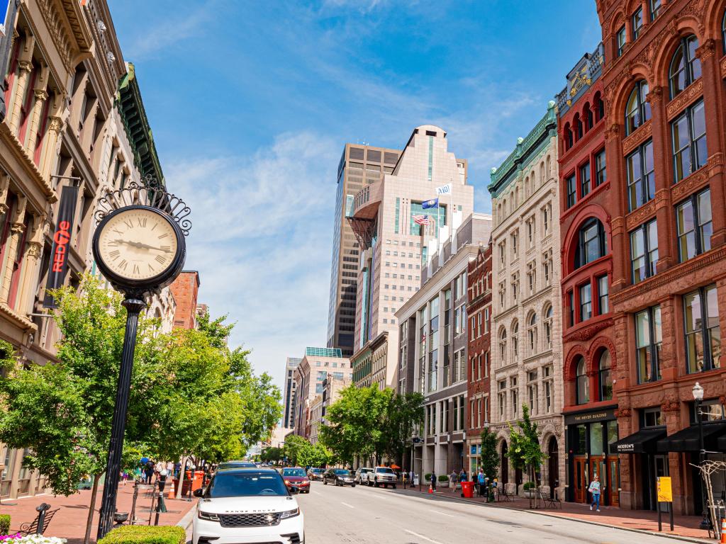 Louisville, Kentucky, USA with a street view in Louisville downtown, tall buildings either side and a large street clock in the foreground.