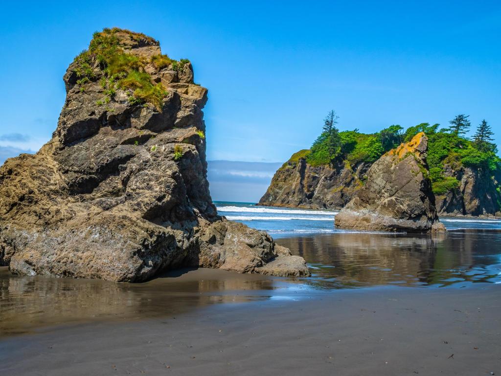 Beautiful clear day at Ruby Beach in Olympic National Park, Washington, with rock formations dotted along the shoreline