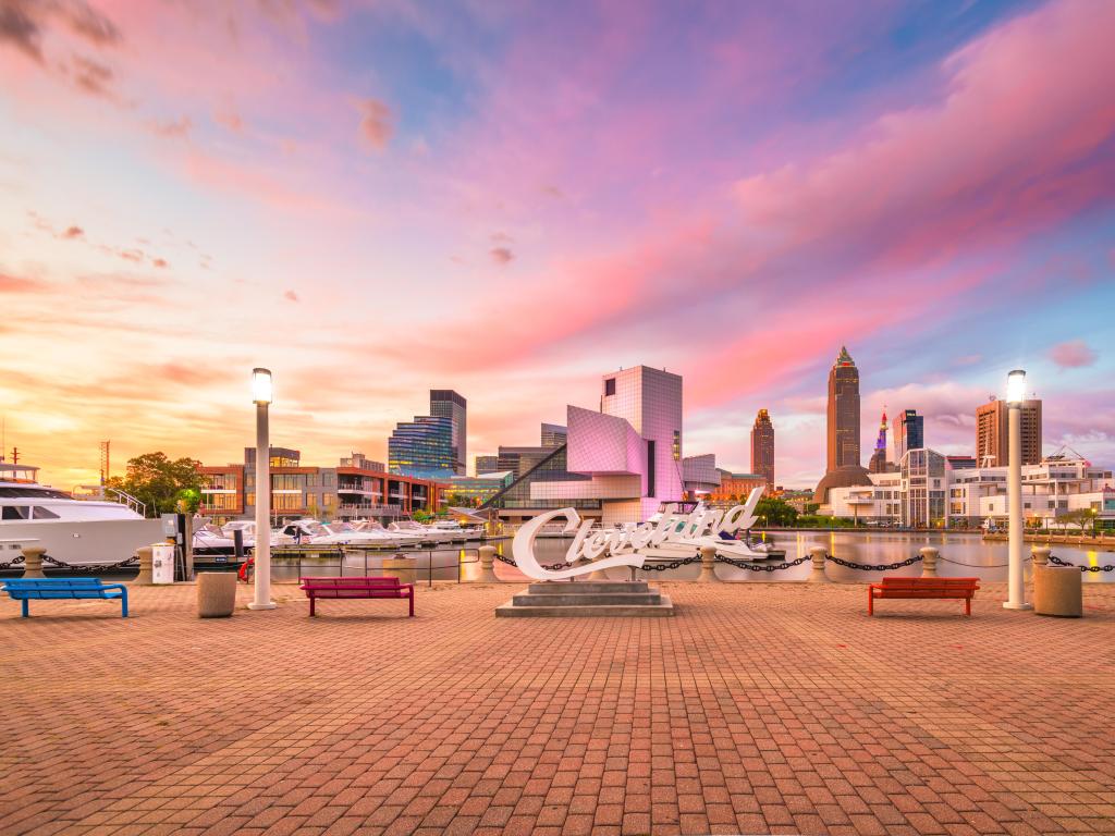 Cleveland, Ohio, USA with a view of the landmark skyline of downtown Cleveland from Voinovich Bicentennial Park in the early morning.