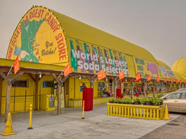 Bright yellow entrance to Minnesota's Largest Candy Store is a popular tourist destination with the World's largest selection of soda