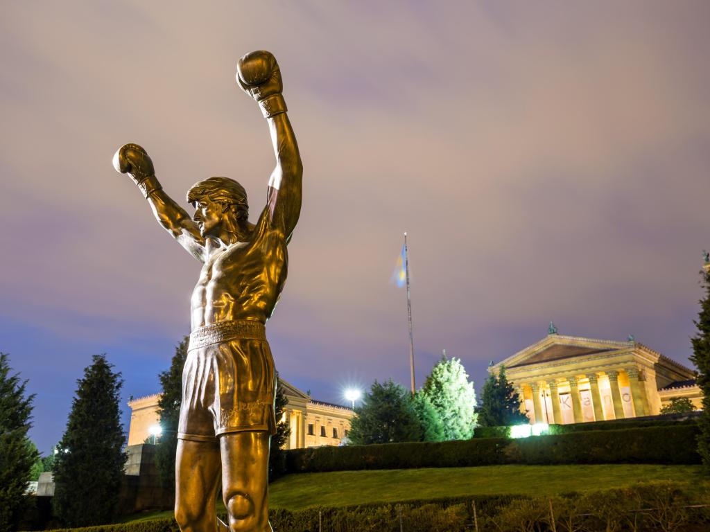 Close up shot of the Rocky Statue, Philadelphia, at twilight