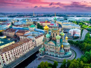Panorama of St. Petersburg at the summer sunset, with Cathedral of the Savior and Cathedral of the Resurrection in shot