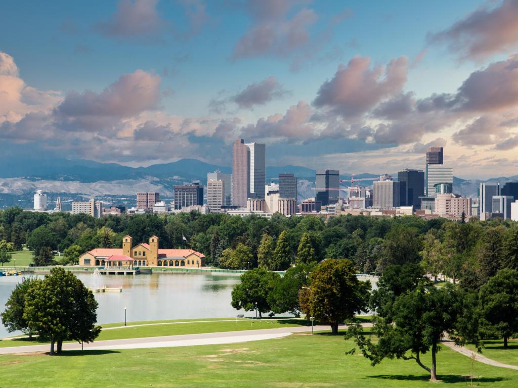 Skyline of Denver, Colorado Beyond a Green Park.