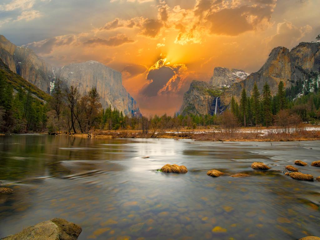 Beautiful view in Yosemite Valley with Half Dome and El Capitan in winter from Merced River