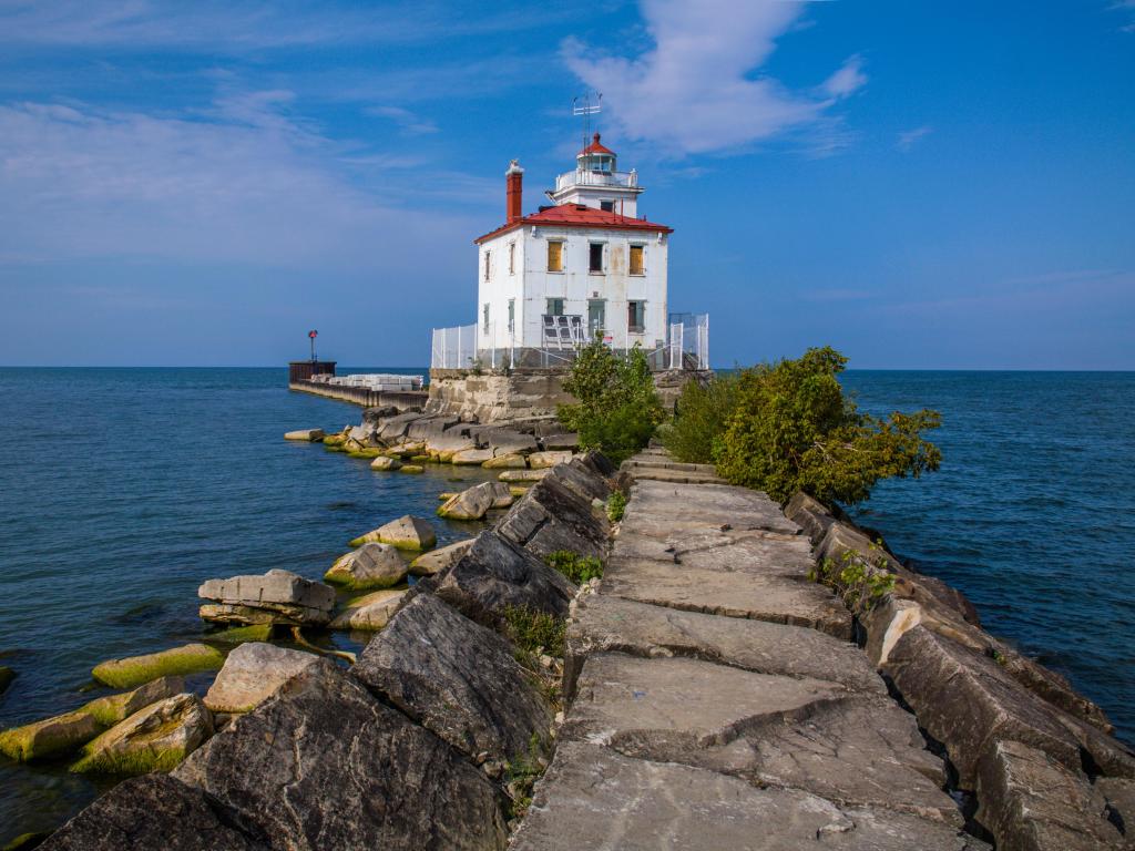 Fairport Harbor West Breakwater Light on Lake Erie in Fairport, Ohio.