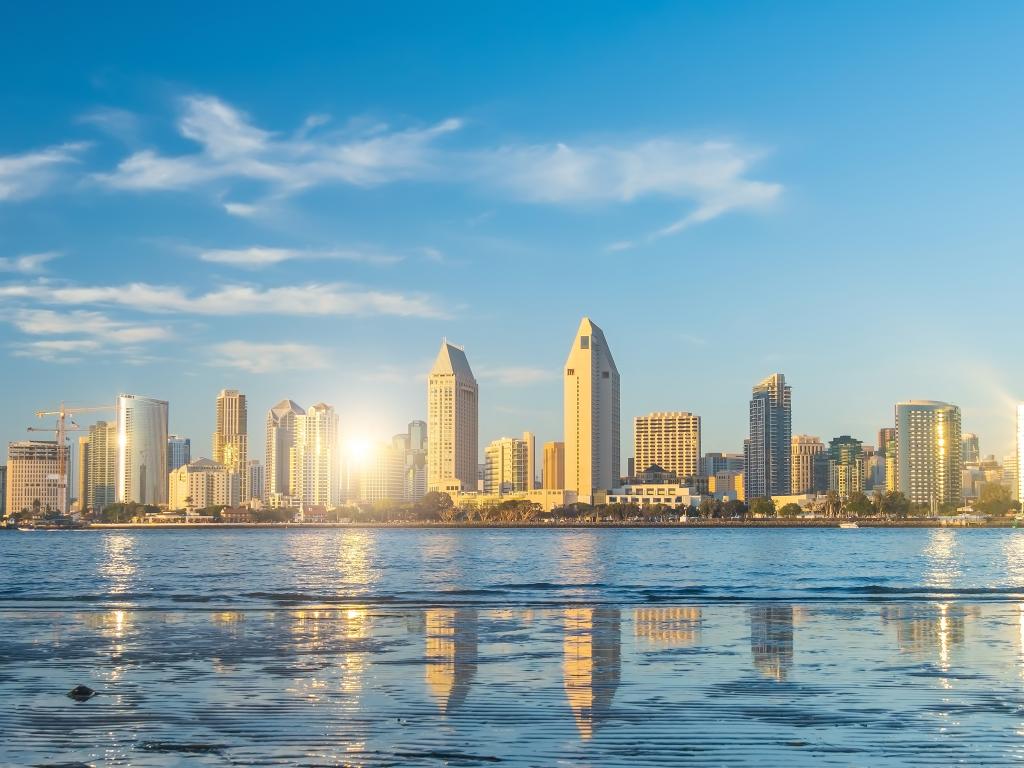 San Diego skyline beyond the San Diego Bay in Southern California.