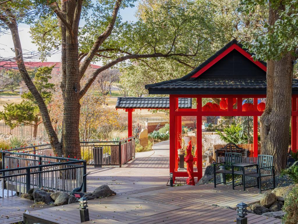 Daytime view of the Japanese garden of Amarillo Botanical Gardens at Texas