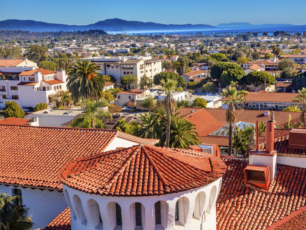 Orange tiled roofs of the Court House in Santa Barbara, California