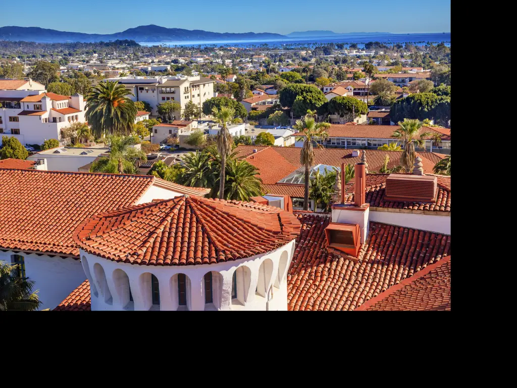 Orange tiled roofs of the Court House in Santa Barbara, California