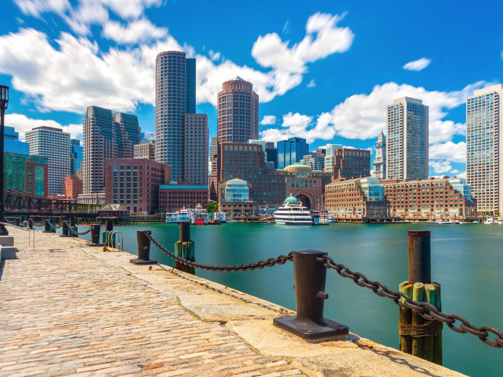 Boston skyline in sunny summer day, view from harbor on downtown, Massachusetts