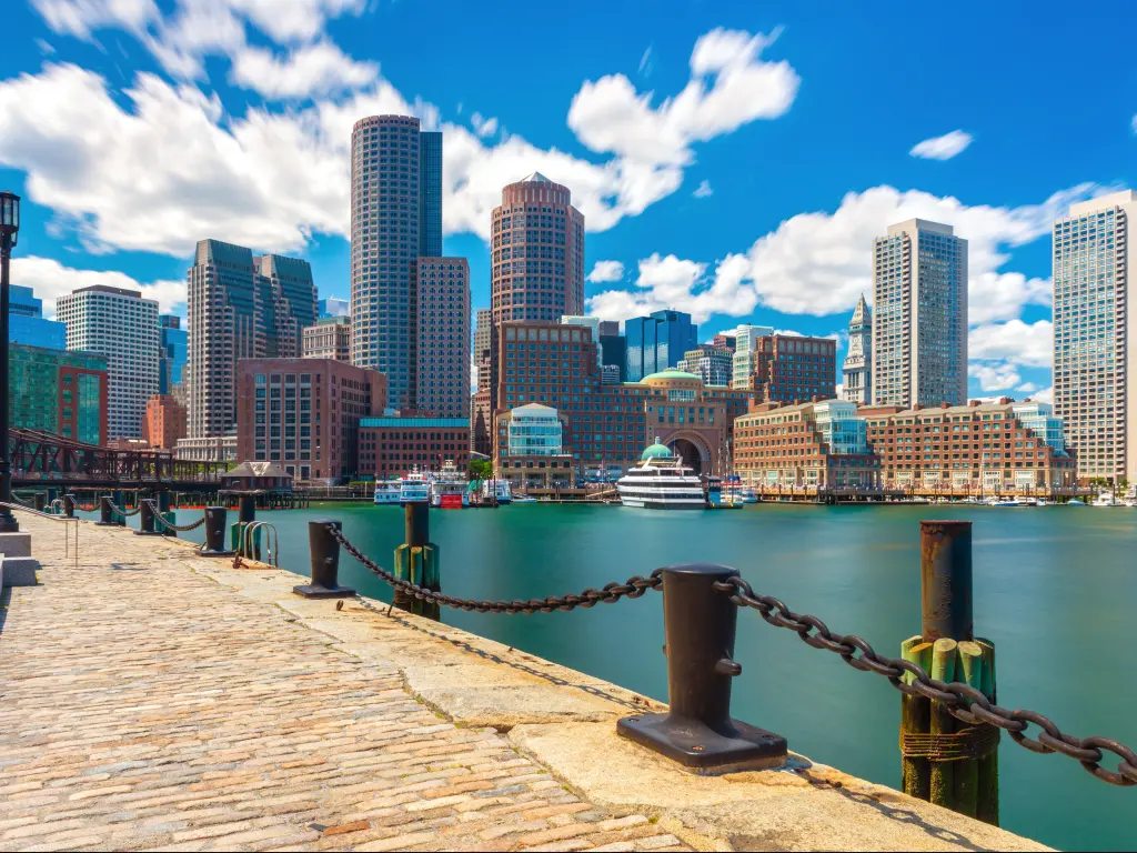 Boston skyline in sunny summer day, view from harbor on downtown, Massachusetts