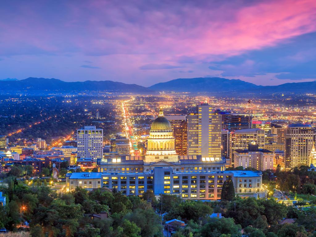 Salt Lake City skyline Utah at night in USA.