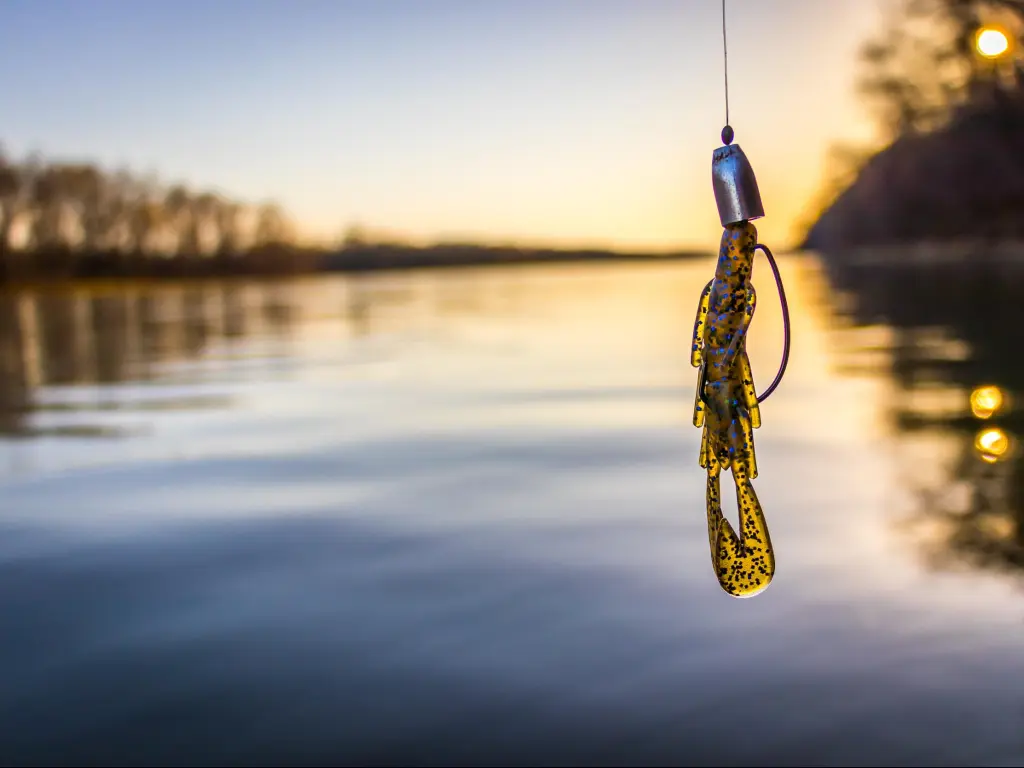 Fishing tackle held in the foreground at a lake at dusk