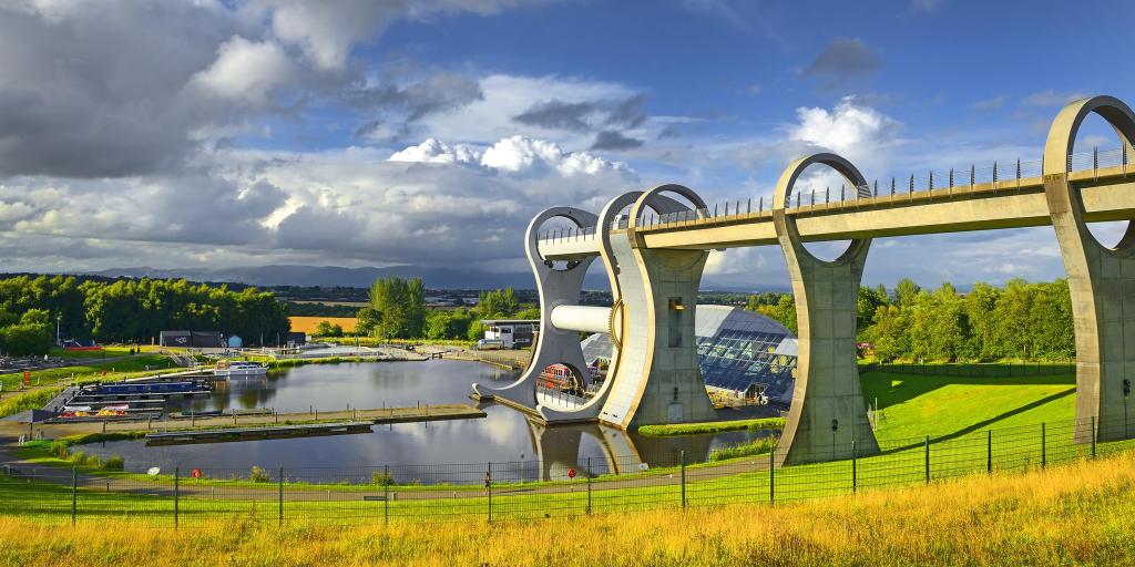 The Falkirk Wheel, the only rotating boat lift in the world, on a sunny day in Scotland