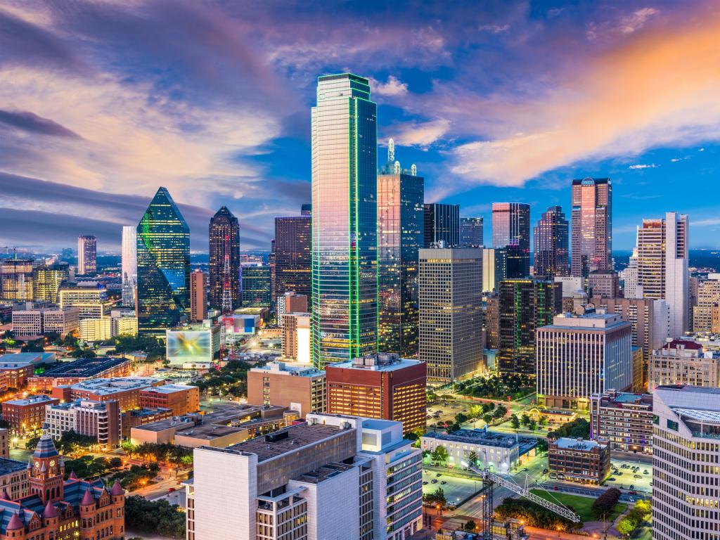 Dallas, Texas, USA downtown city skyline at early evening. 