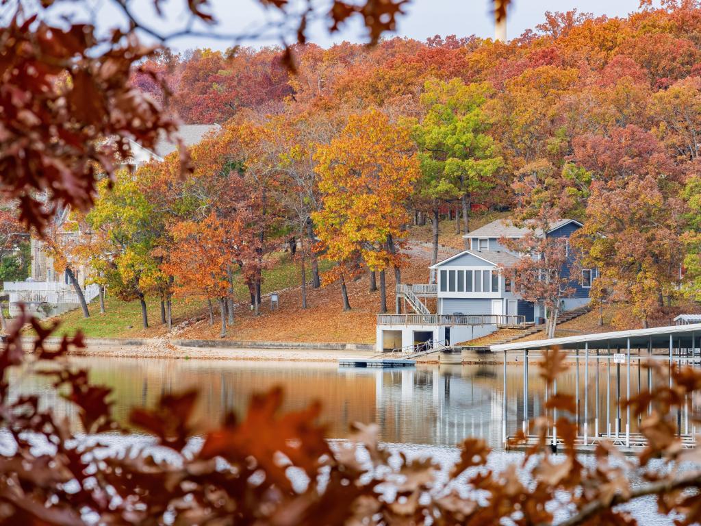 Overcast view of the fall color of a hiking trail in Lake of the Ozarks state Park at Missouri