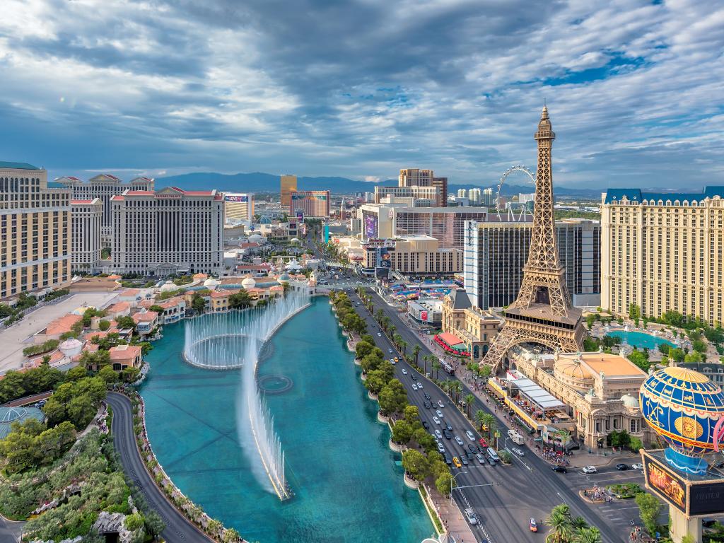 Iconic casinos and hotels along the Las Vegas Strip and the Bellagio Fountain.