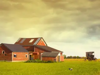 Pennsylvania Farmland With Rainy Sky with a horse carriage in the background