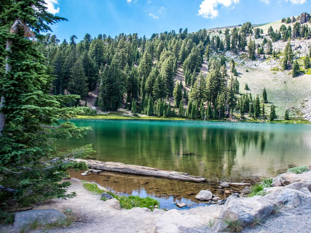 Emerald Lake located in Lassen Volcanic National Park on a sunny day with a few clouds in the sky. The lake is surrounded by pine trees.