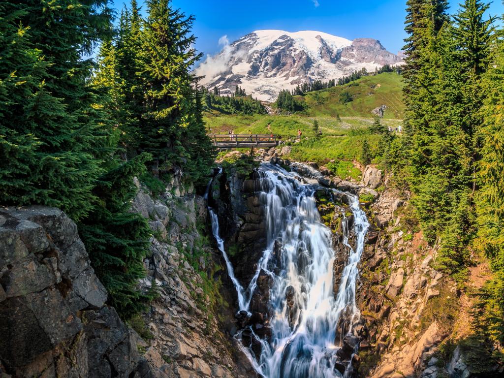 Myrtle Falls at Mt Rainier National Park, Washington with the snow capped mountain in the background