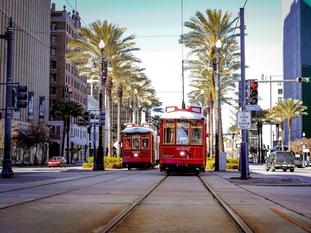 New Orleans, Louisiana, USA with a trolley on the tracks and palm trees either side, taken on a sunny day.
