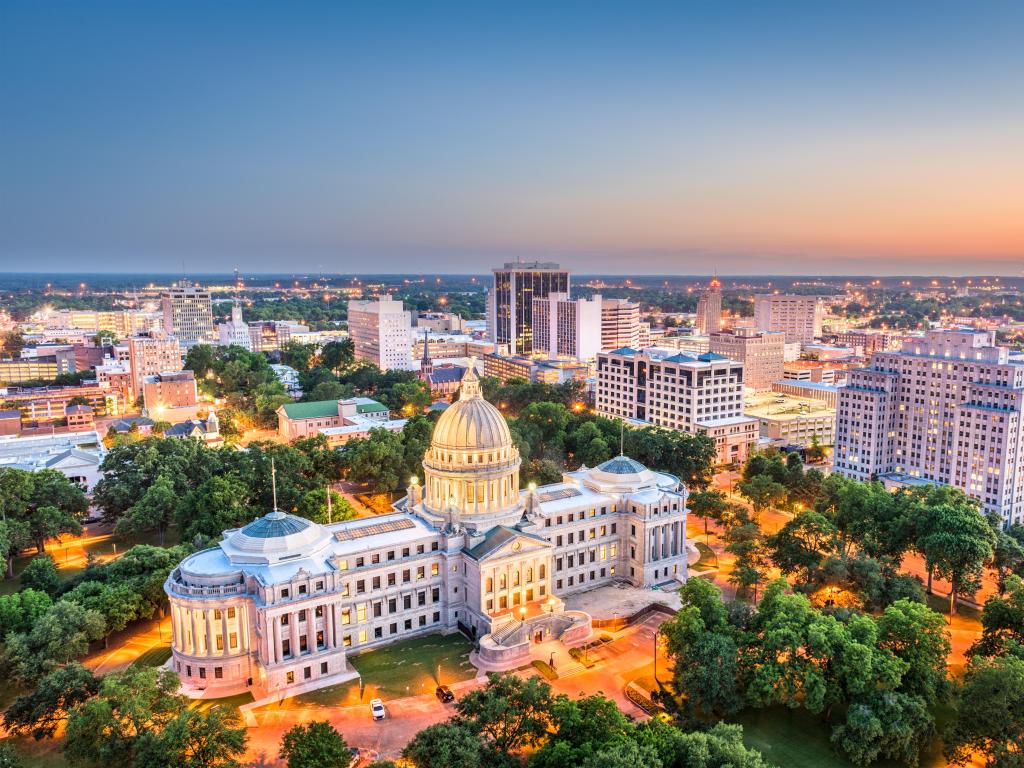 Jackson, Mississippi, USA cityscape at dusk.