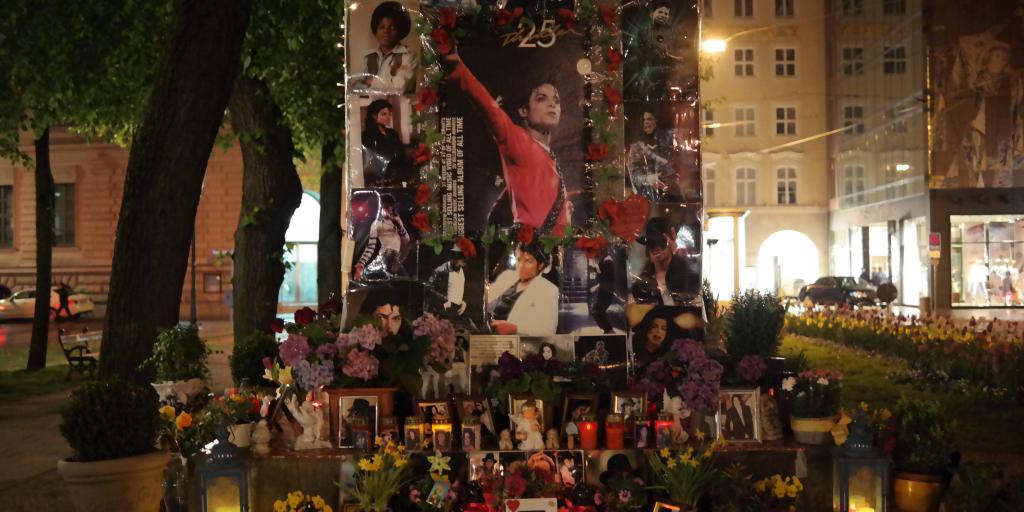 The Michael Jackson shrine in Munich with picture of him, candles, messages and flowers 