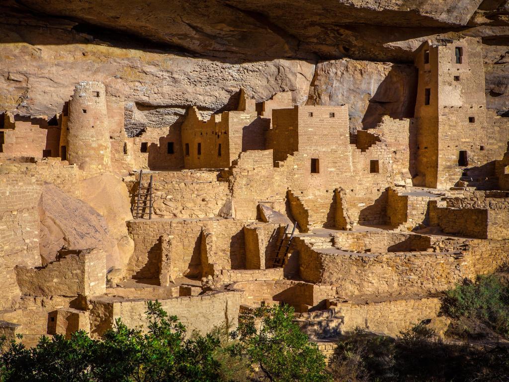Cliff Palace Indian Ruins, Mesa Verde National Park, Colorado. This spectacular ruin is the largest in all of North America, comprising over 150 rooms. It was built by the Anasazi around 1200 AD.