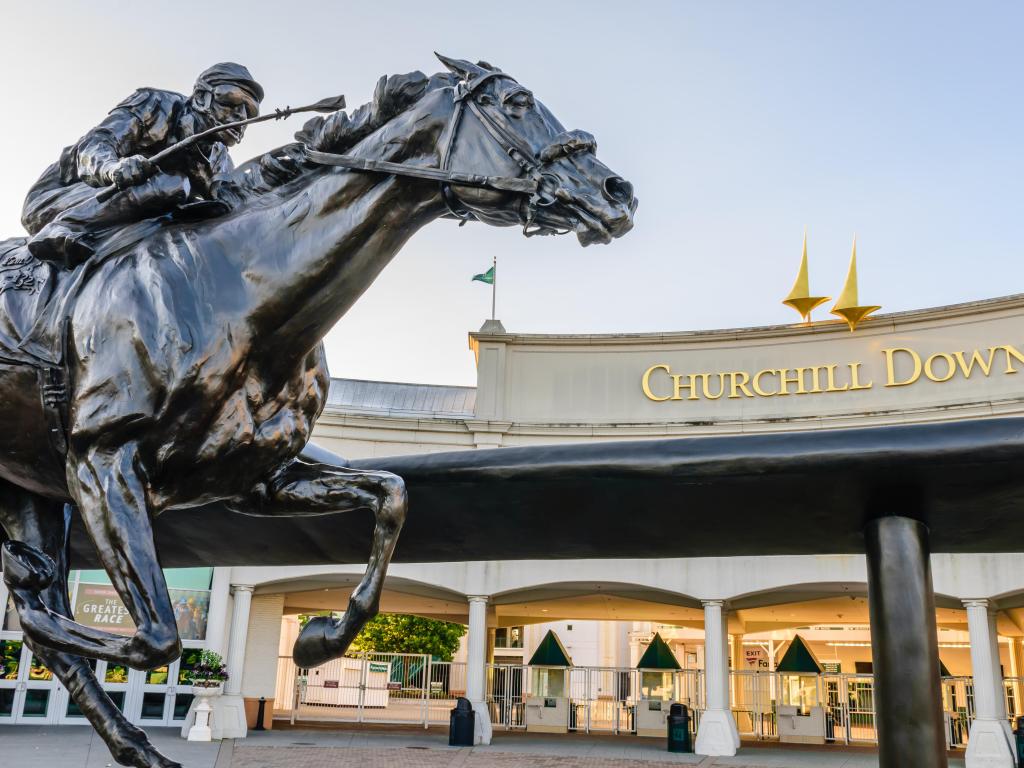Statue of 2006 Kentucky Derby Champion Barbaro outside the entrance to Churchill Downs in Louisville, Kentucky
