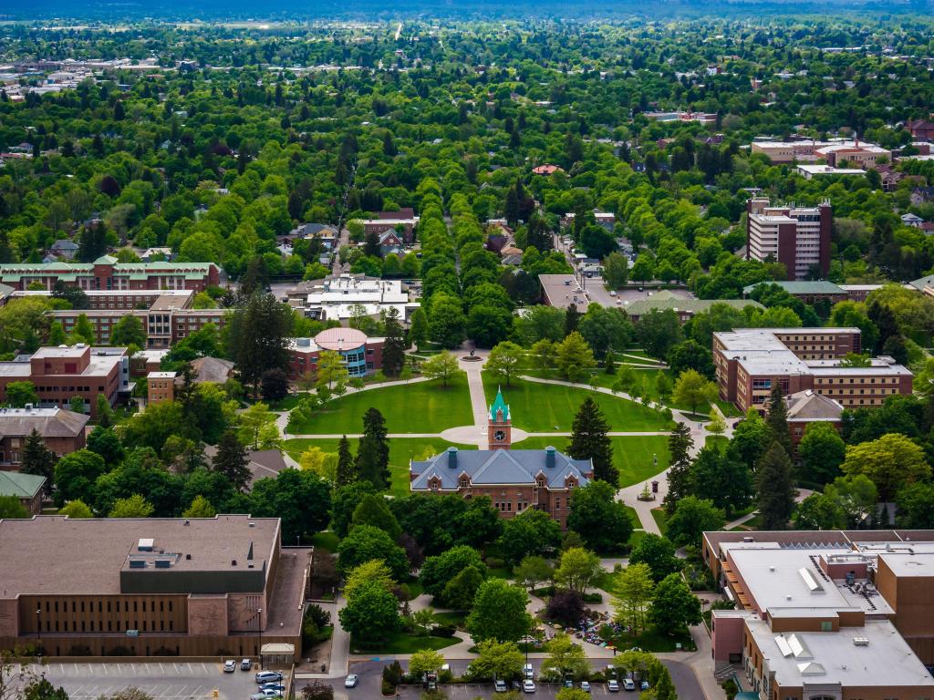 Missoula, Montana, USA with a view of University of Montana from Mount Sentinel, in Missoula, Montana.