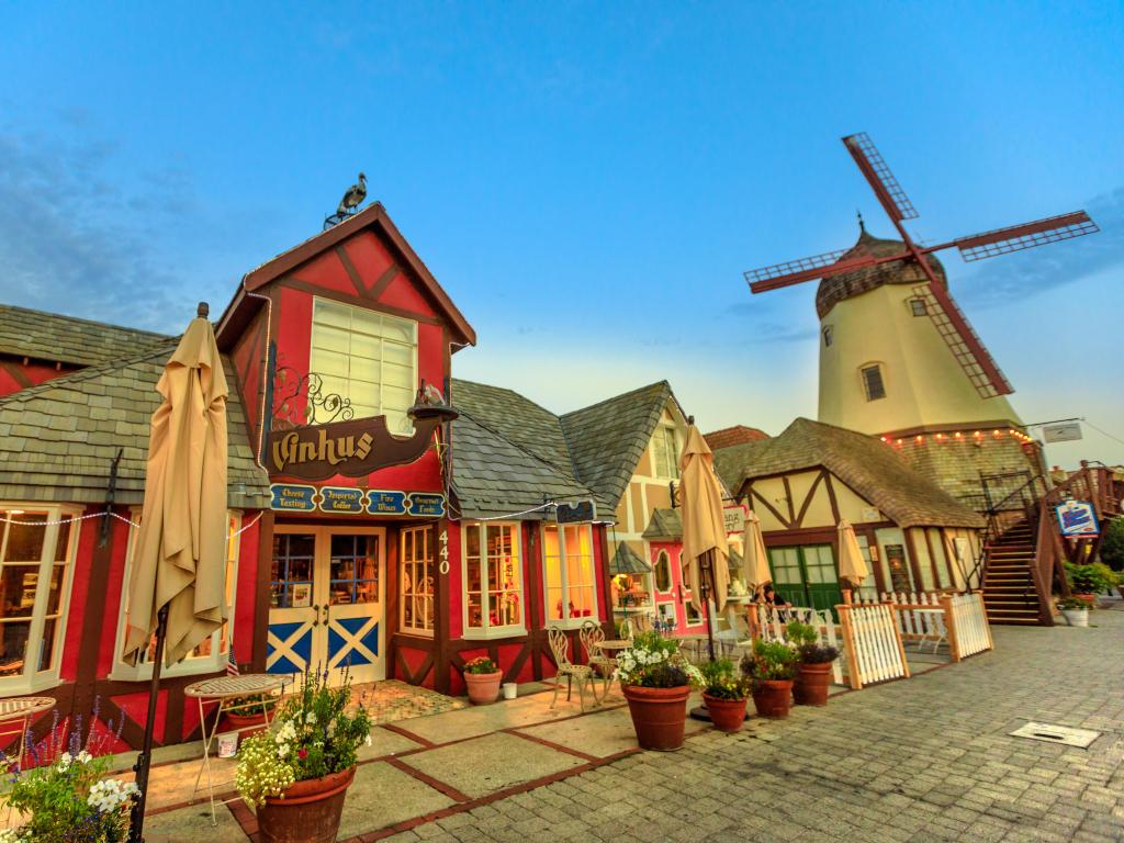 Solvang Danish Village typical architecture with old Windmill in Santa Ynez Valley, Santa Barbara County. Famous place. Blue hour shot.